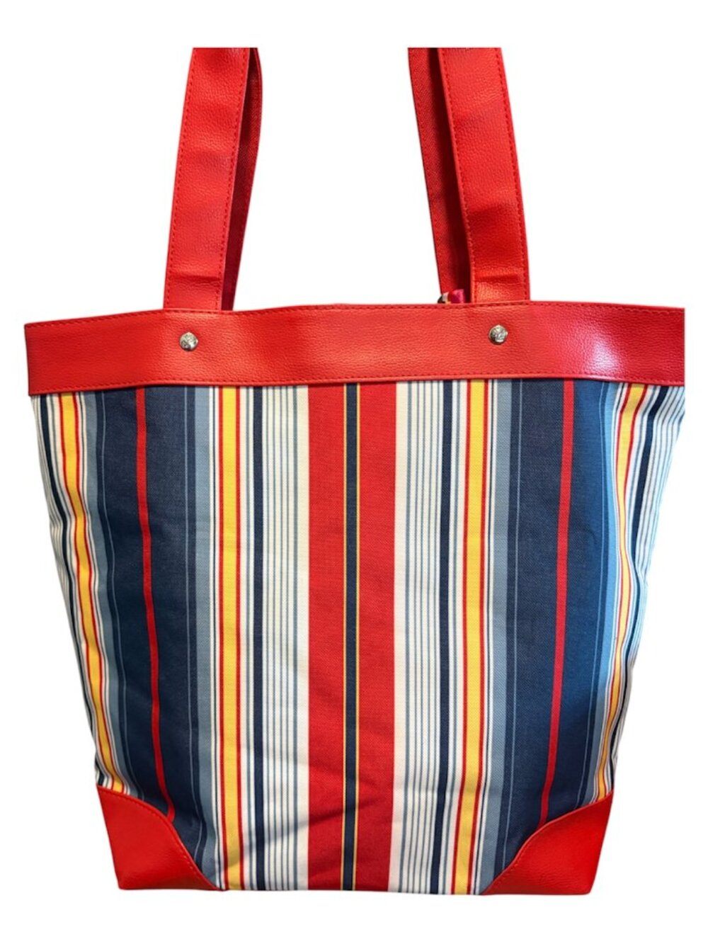 LOW START LANCOME TOTE BAG IN RED, BLUE, WHITE, YELLOW STRIPES - Picture 3 of 5